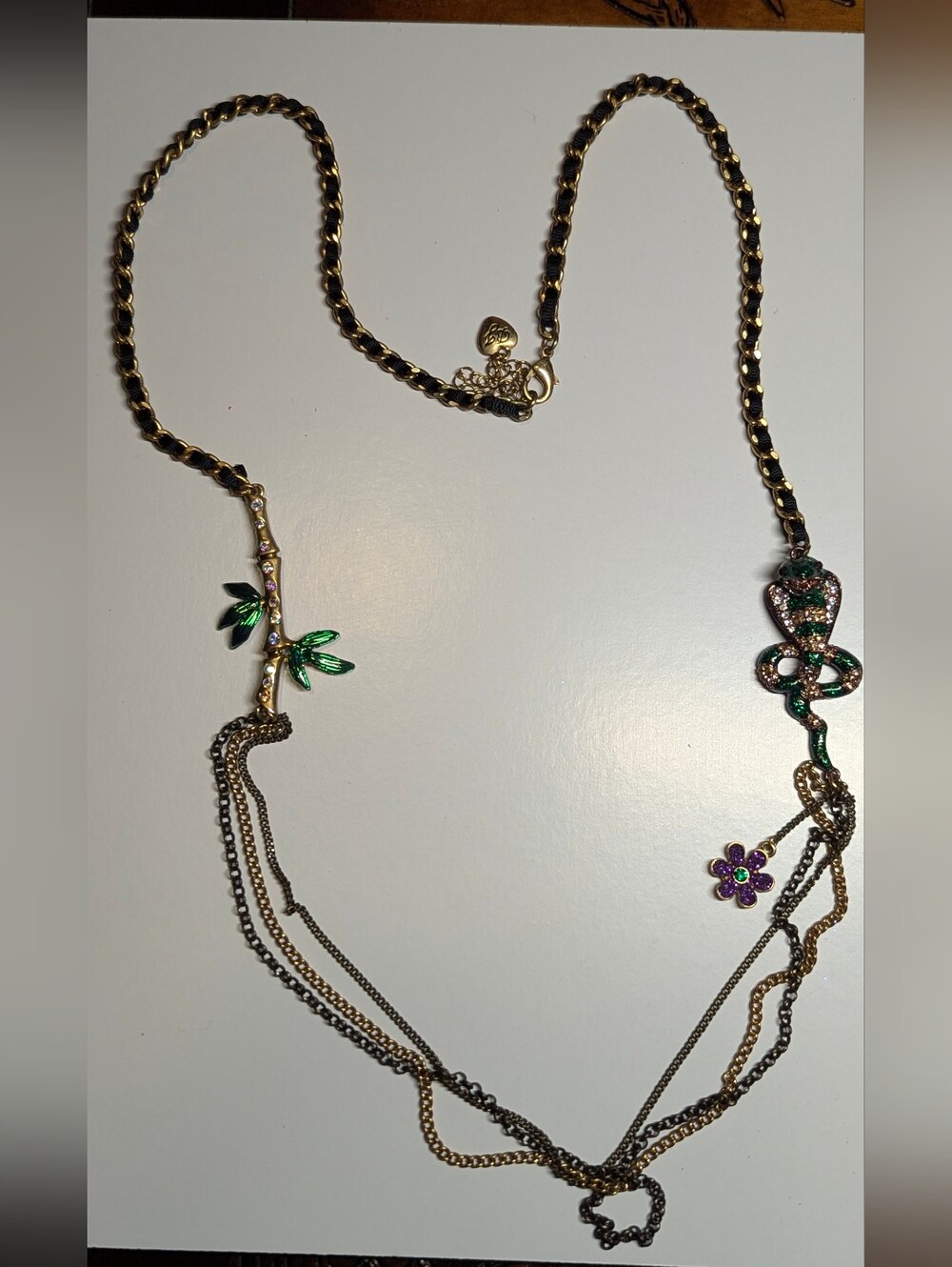 Women’s Multi-Chain Necklace W/ Snake, Green Leaf & Purple Flower Accents